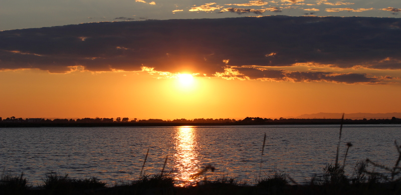 Coucher du soleil sur les salins d'Aigues-Mortes.